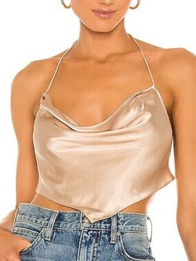 Satin Cowl Neck Halter Crop Top in Champagne